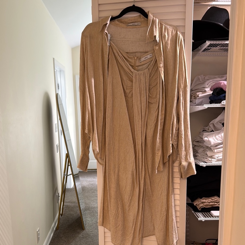 Beige Layered Dress with Cardigan